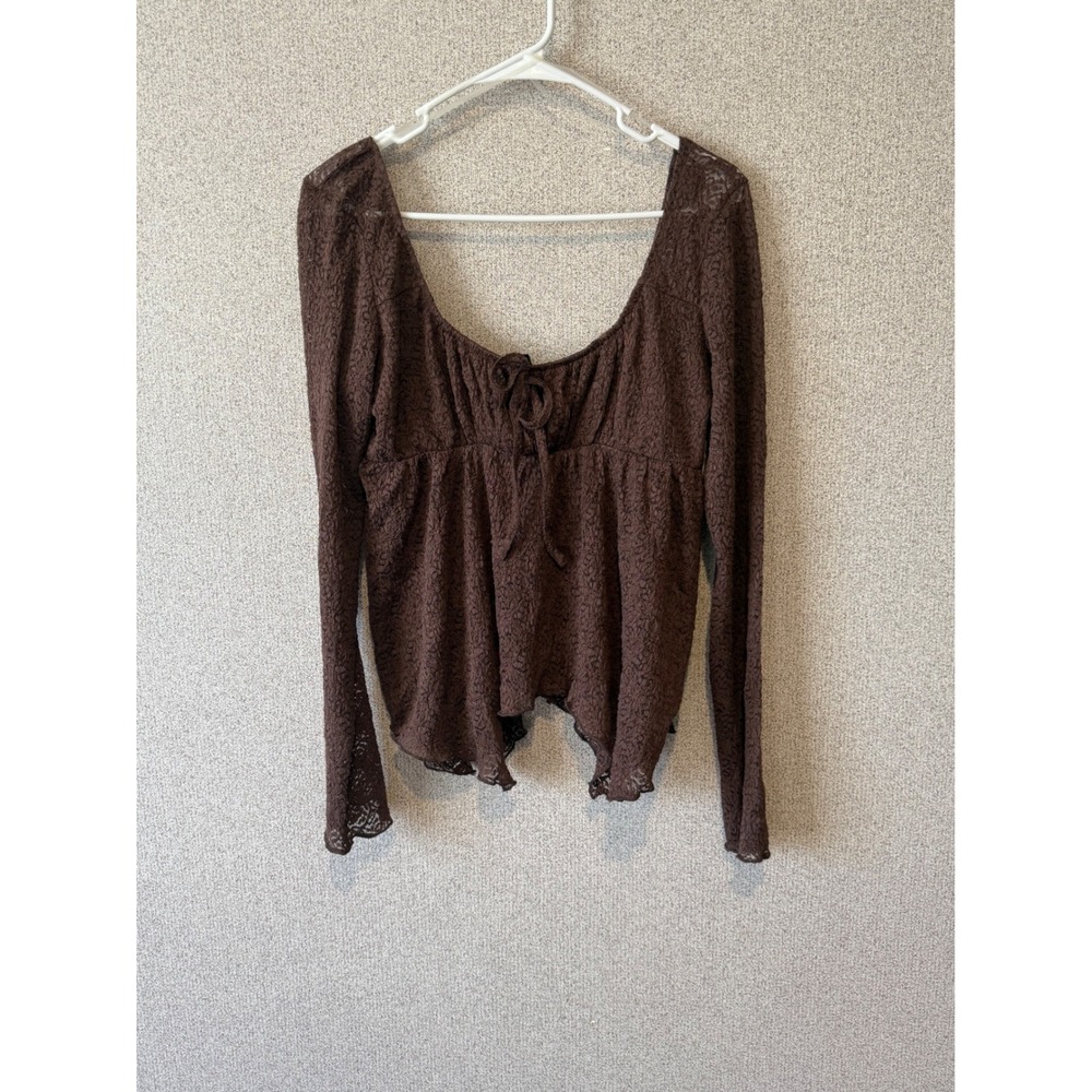 Just Polly‎ New York Brown Floral Lace Tie Front Long Sleeve Peplum Top Large